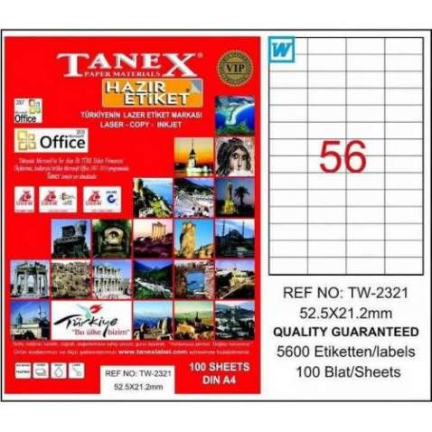 Tanex TW-2321 - 52,5 x 21,2 mm Laser Etiket 100 Adet Ücretsiz Kar