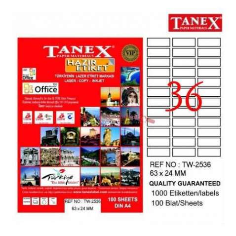 Tanex TW-2536 - 63 x 24 mm Laser Etiket 100 Adet Ücretsiz Kargo