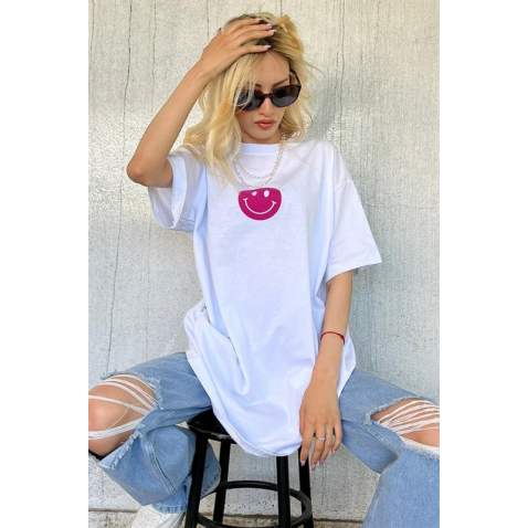 Women Printed Oversize White T-Shirt - Beyaz