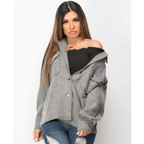 Mad Girls Oversize Gray Woolen Jacket Mg1199 - Gri