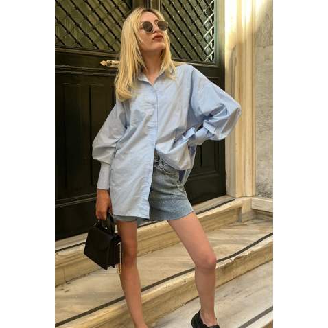 Women Blue Long Oversize Shirt MG1526 - Mavi