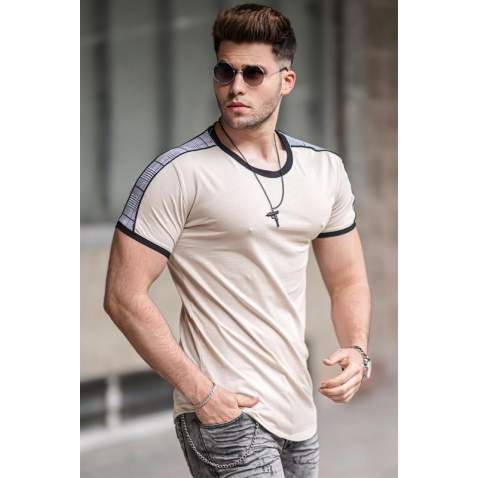 Madmext Men Shoulder Stripe Beige T-shirt 4101 - Bej