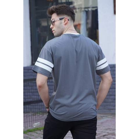 Men Printed Smoke Gray Oversize T-Shirt - Füme