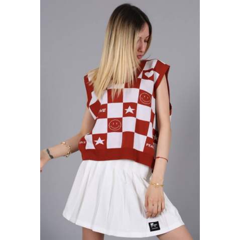 Women Designed Tile Red Sweater - Kiremit