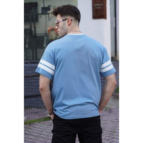 Men Printed Blue Oversize T-Shirt - Mavi