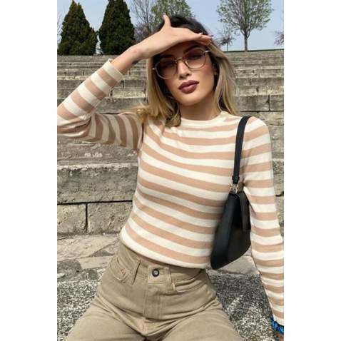 Women Crewneck Camel Striped Sweater - Camel