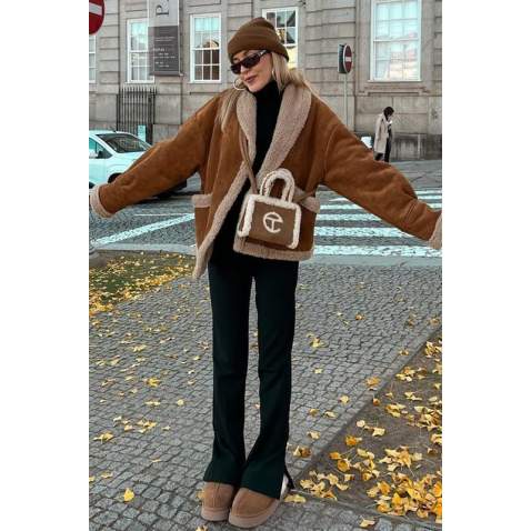 Mad Girls Camel Suede Leather Coat MG1329 - Kahverengi