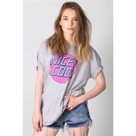 Mad Girls Printed Gray T-shirt Mg1149 - Gri