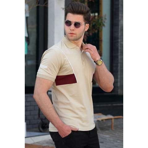 Madmext Men Striped Beige Polo T-shirt 5243 - Bej