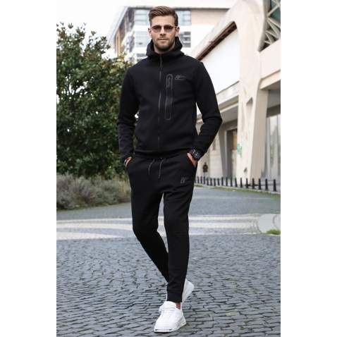 Men Printed Black Tracksuit - Siyah