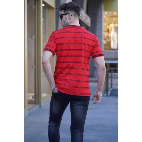 Men Striped Red Polo T-Shirt 5874 - Kırmızı