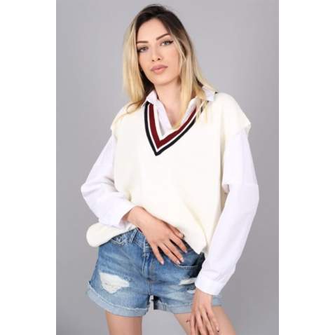 Women Striped White Sweater - Beyaz