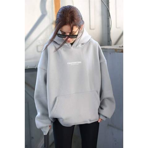 Mad Girls Dye Gray Printed Oversize Sweatshirt MG1287 - Boyalı gri