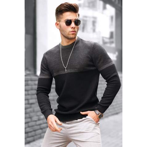 Madmext Men Color Blocked Smoke Gray Sweater 4734 - Füme