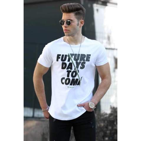 Madmext White Printed T-shirt for Men 4475 - Beyaz