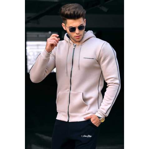 Madmext Beige Hooded Zip-Down Men Sweatshirt 4711 - Bej