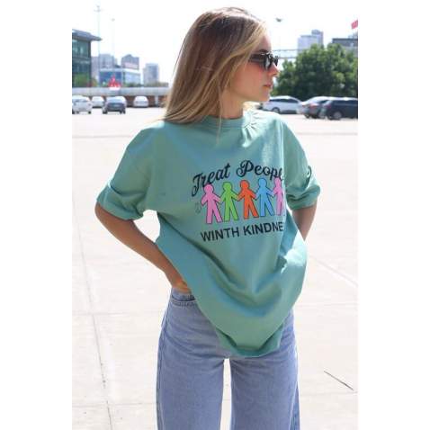 Almond Green Printed Oversize T-Shirt MG1523 - Çağla yeşili