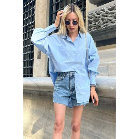 Women Blue Long Oversize Shirt MG1526 - Mavi