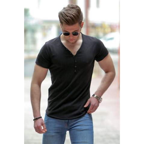 Madmext Black Basic V Neck T-shirt for Men 4551 - Siyah