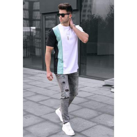 Madmext Men Striped White T-shirt 5370 - Beyaz