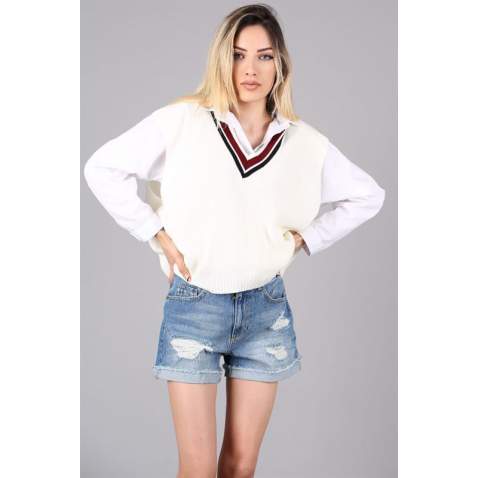 Women Striped White Sweater - Beyaz