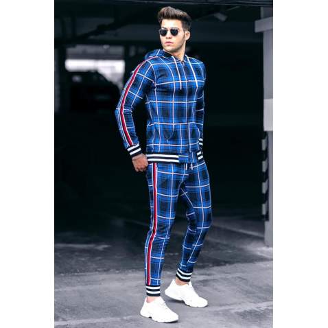 Madmext Navy Blue Hooded Checkered Men Tracksuit Set 4738 - Sax mavi