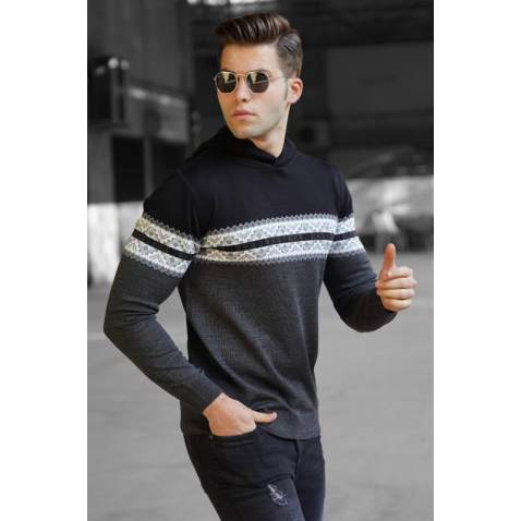 Madmext Black Sweater With Hoodie For Men 5624 - Siyah