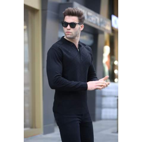 Black Knitwear Polo Sweater 5973 - Siyah