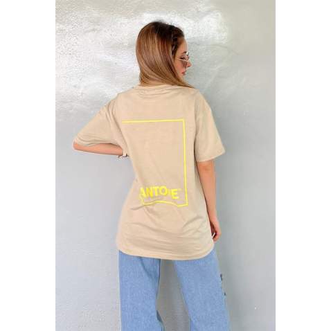 Women Printed Beige Over Fit T-Shirt MG1492 - Bej