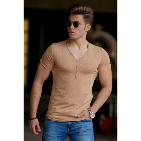 Madmext Camel Basic V Neck T-shirt for Men 4551 - Camel