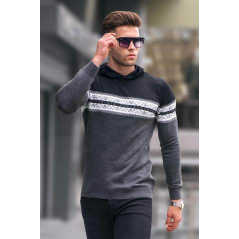 Madmext Black Sweater With Hoodie For Men 5624 - Siyah