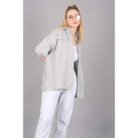 Mad Girls Oversize Gray Woolen Jacket Mg1199 - Gri