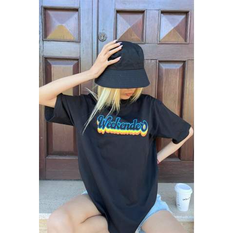 Women Printed Oversize Black T-Shirt - Siyah