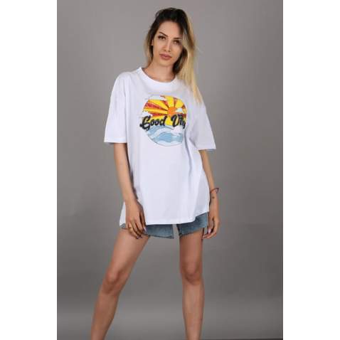 Mad Girls Printed White T-shirt Mg1148 - Beyaz