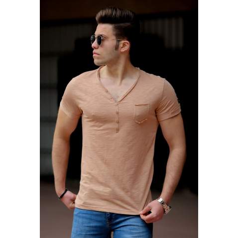 Madmext Camel Basic V Neck T-shirt for Men 4508 - Camel