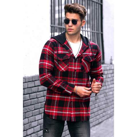 Madmext Red Checkered Hooded Men Shirt 4906 - Kırmızı