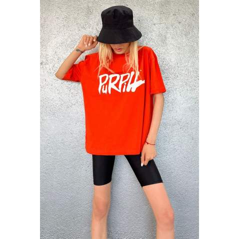 Women Printed Oversize Orange T-Shirt MG1490 - Turuncu