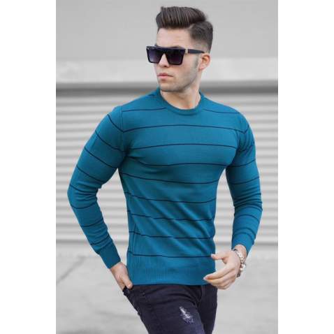 Madmext Men Petrol Green Striped Knitted Sweater 5177 - Petrol yeşili