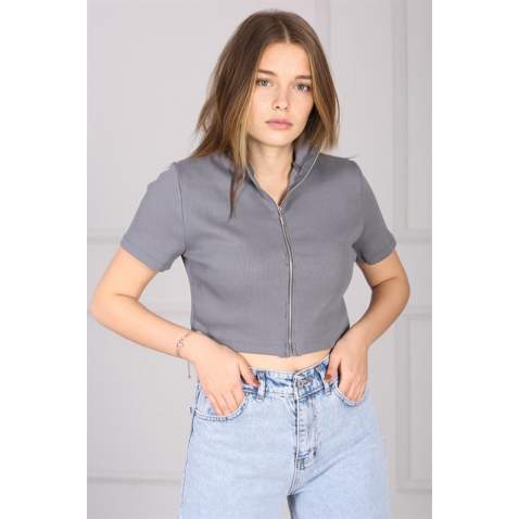 Mad Girls Front Zip Smoke Gray T-shirt MG1094 - Füme