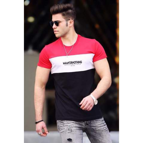 Madmext Red Two-Tone Printed T-shirt for Men 4458 - Kırmızı