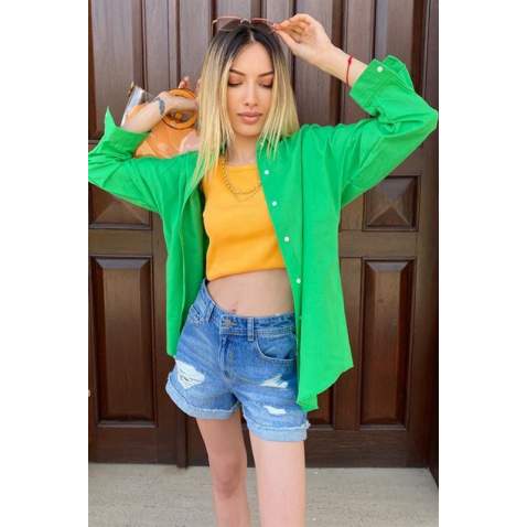 Mad Girls Oversize Green Shirt MG1369 - Yeşil