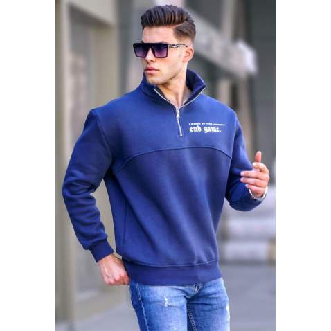 Navy Blue Printed Zipped Sweatshirt 6001 - Lacivert