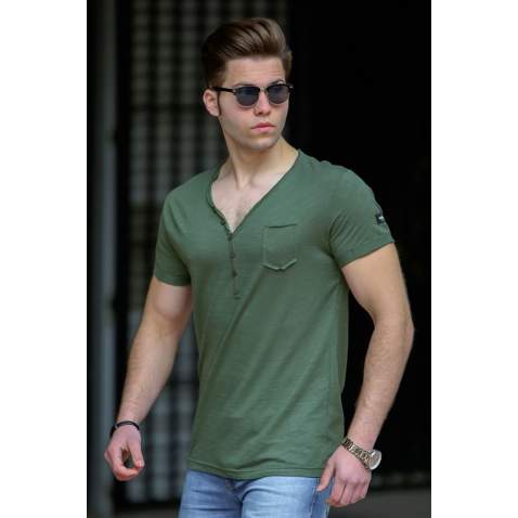 Madmext Khaki Basic V Neck T-shirt for Men 4508 - Haki