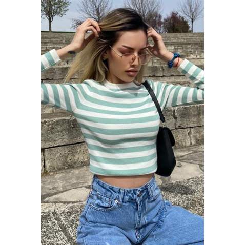 Women Crewneck Green Striped Sweater - Yeşil