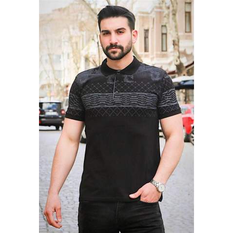 Madmext Black Printed Polo Shirt for Men 3057 - Siyah