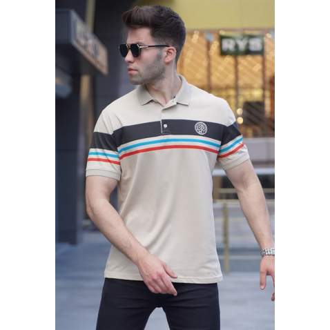 Striped Beige Polo T-Shirt 5877 - Bej