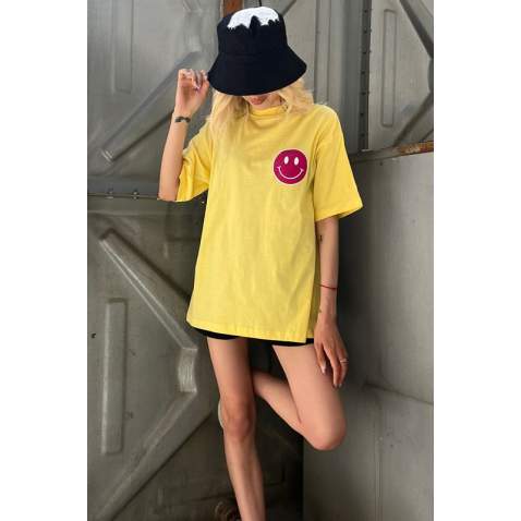 Women Printed Yellow Oversize T-Shirt - Sarı