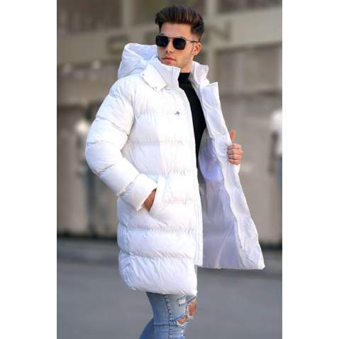 White Hoodie Long Puffer Jacket 5708 - Beyaz