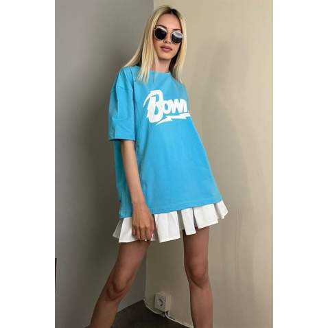 Women Printed Turquoise Over Fit T-Shirt MG1514 - Turkuaz