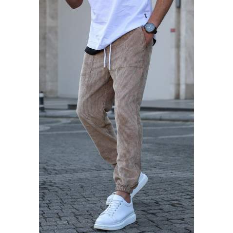 Men Beige Velvet Sweatpants 5466 - Bej